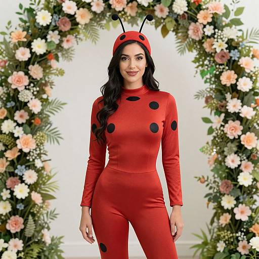 Woman in Ladybug Costume by Floral Arch