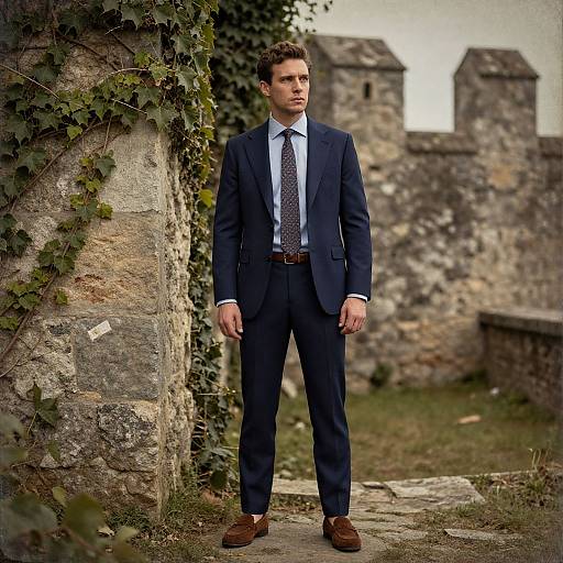 Man in Navy Suit by Ancient Walls