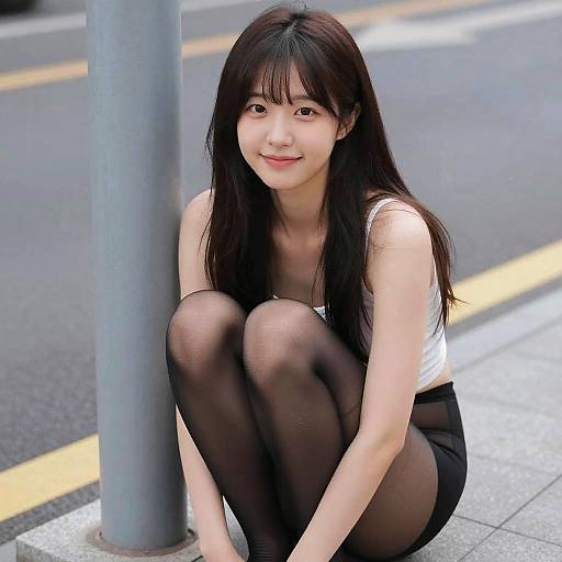 Photograph of an Asian woman with long black hair, wearing a white tank top and black sheer tights, squatting by a street pole. Background