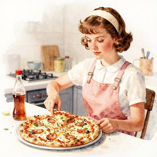 Vintage-style illustration of a woman with short brown hair, white headband, and pink apron, slicing a pepperoni pizza in a bright kitchen.