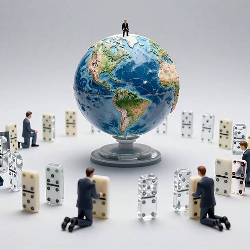 Photograph of a miniature globe with a standing figure on top, surrounded by kneeling people and dice, symbolizing global decision-making.