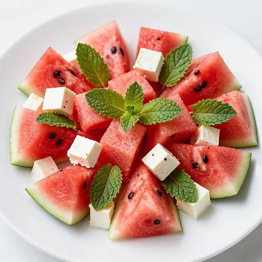 Photograph of watermelon slices with white feta cheese cubes and fresh mint leaves, arranged on a white plate.