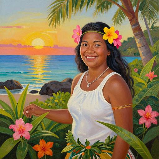 Colorful painting of a smiling, dark-skinned woman with black hair, wearing a white tank top, yellow and pink flower headpiece, standing in