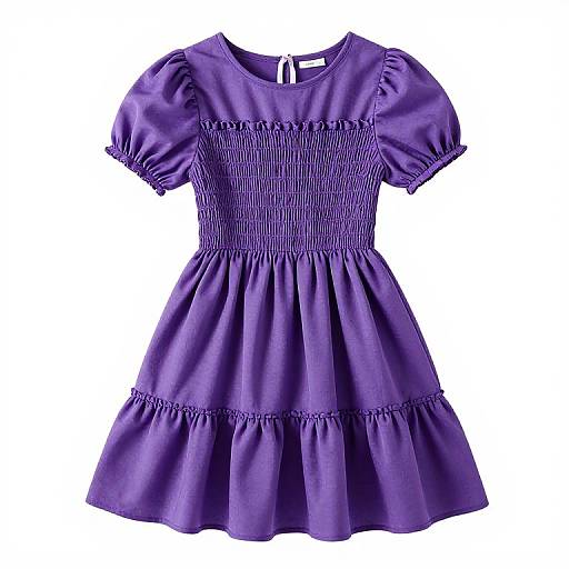 Photograph of a purple, short-sleeved, puffed-sleeve, empire-waist, layered dress with ruched bodice