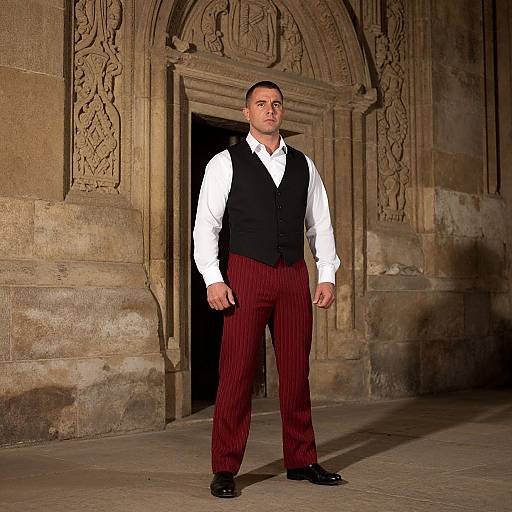 Photograph of a serious-looking man in a white shirt, black vest, and red pinstripe pants, standing in front of a detailed stone arch