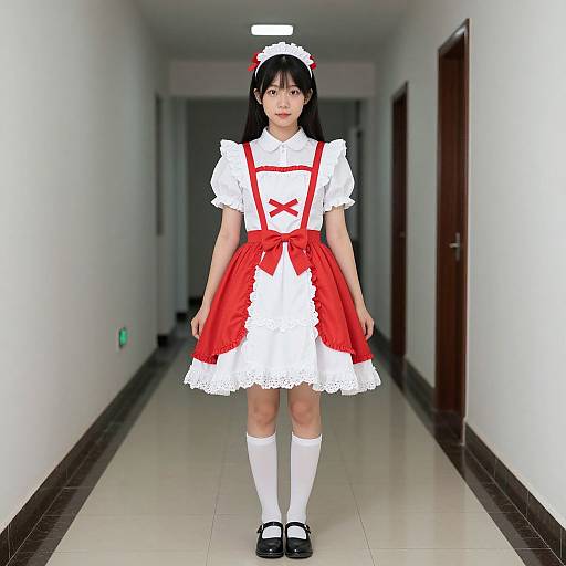 Photograph of an Asian woman in a white and red maid costume, standing in a long, empty, white-tiled hallway.