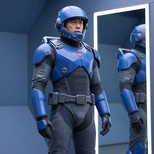 Futuristic Armored Man in Geometric Room