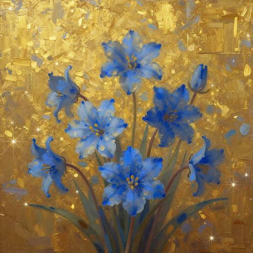 Vibrant Blue Flowers on Golden Abstract