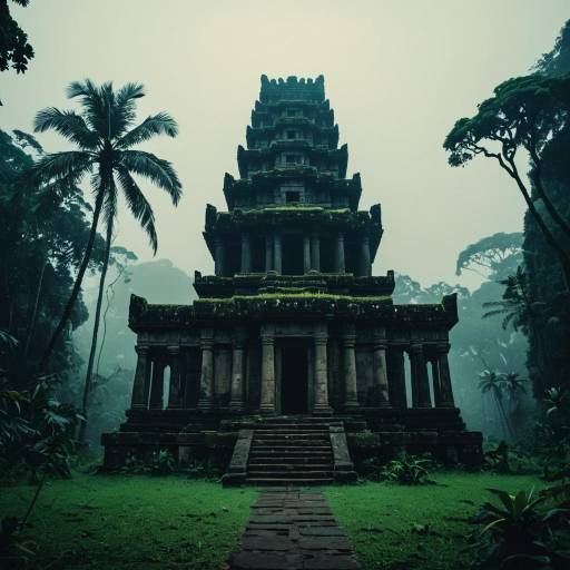 Ancient Jungle Temple at Foggy Dawn
