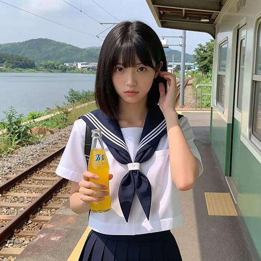 Captivating Young Woman at Train Platform