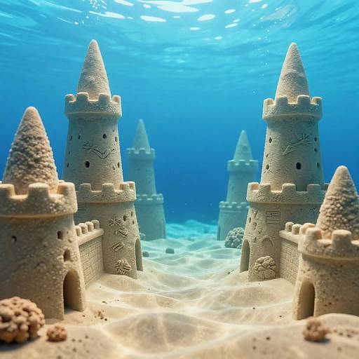 Underwater photograph of intricate sandcastle towers with pointed cones and detailed carvings, surrounded by clear blue water and sandy seabed.