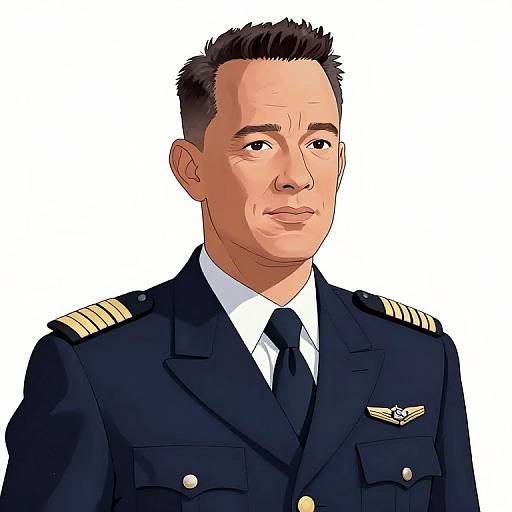 Digital illustration of a stern-faced male pilot in a navy blue military uniform with gold epaulettes, white shirt, and black tie. White background