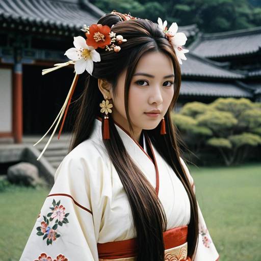 Asian Woman in Traditional Hanfu Dress with Floral Hair Accessories