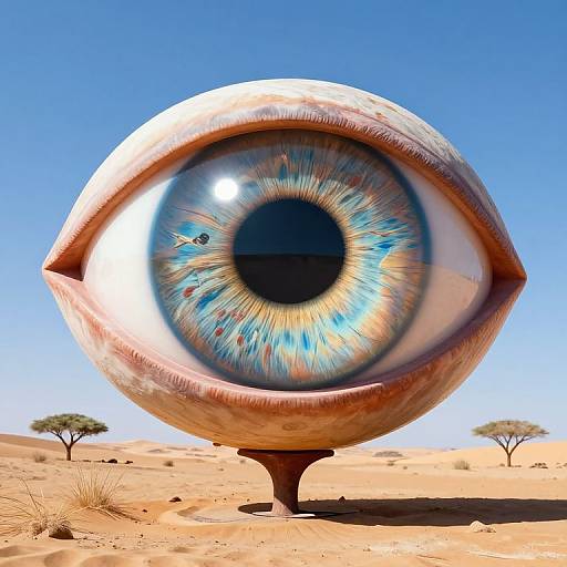 Digital artwork of a giant, realistic blue eye with detailed iris and pupil, set in a desert landscape with sparse trees.