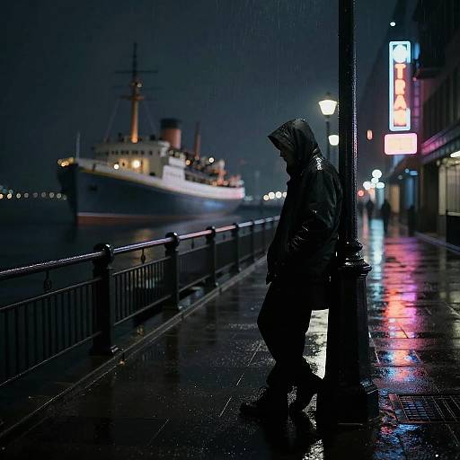 Silhouetted person in hooded raincoat stands on wet, reflective pier at night, illuminated by neon signs, with large ship in background.