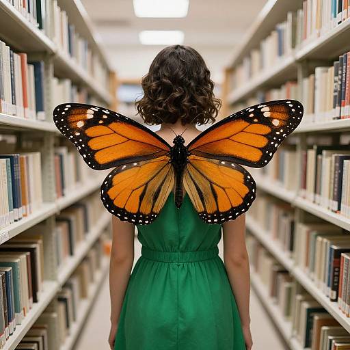 Photograph of a woman with wavy brown hair wearing a green dress, standing in a library aisle, with large orange and black butterfly wings on her