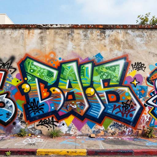 Vibrant graffiti artwork on a weathered concrete wall, featuring bold green, blue, and orange letters with yellow dots, surrounded by colorful splatters