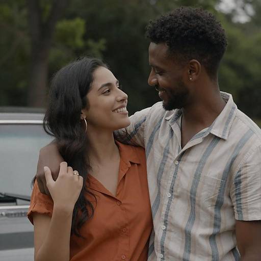 Photograph of a smiling interracial couple standing close outdoors, man with dark skin, short curly hair, and striped shirt; woman with medium brown skin,