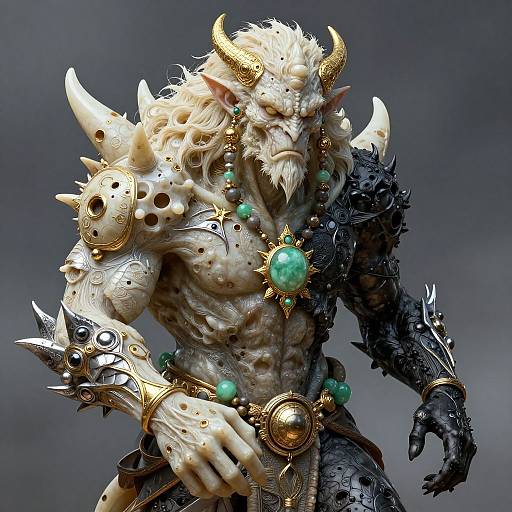 Digital CGI artwork of a muscular, horned, beast-like warrior with white and black fur, adorned with jewelry, spikes, and green beads, against