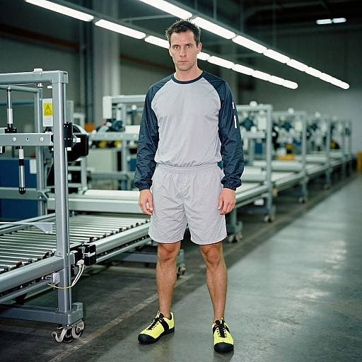 Photograph of a fit, white man in white and navy long-sleeve shirt, white shorts, and yellow sneakers, standing in a brightly lit