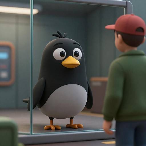 Curious Cartoon Bird in Industrial Room