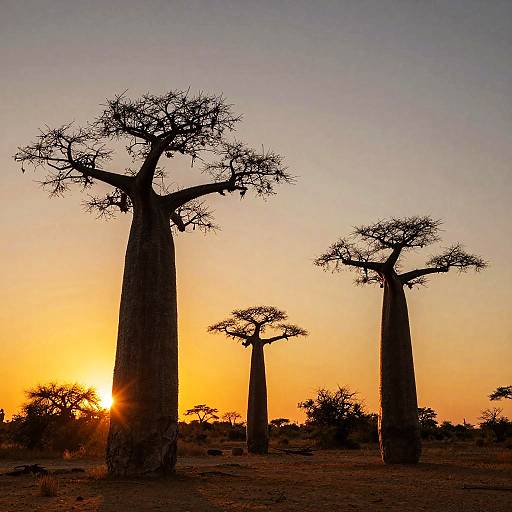 Photograph of three tall, leafless baobab trees silhouetted against a vibrant orange sunset in a dry, savanna landscape. Sun