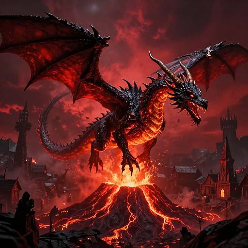 Digital art: A fierce, black dragon with glowing red eyes and sharp horns emerges from a erupting volcano in a dark, gothic, medieval town