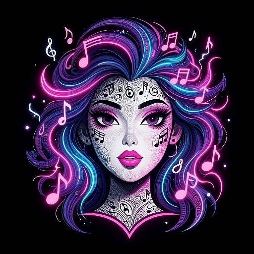 Digital illustration of a stylized woman with neon blue, purple, and pink hair, glowing musical notes, white tattooed face, and bright pink lips