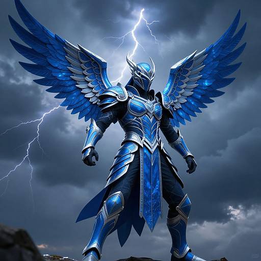 Photograph of a blue metallic armored angel with wings, standing against a stormy sky with lightning, glowing intensely.