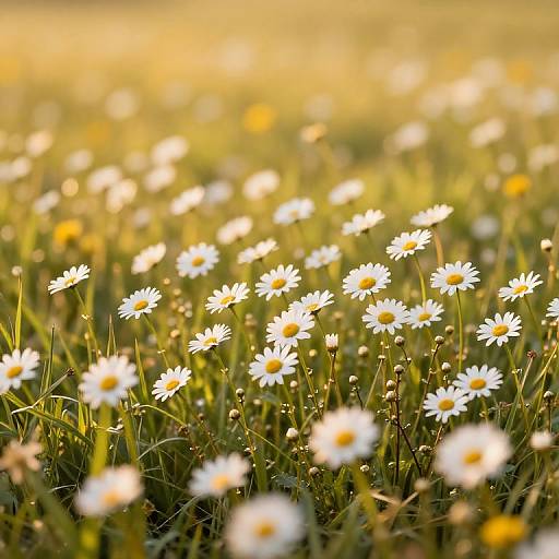 Photograph of a sunlit field filled with numerous white daisies with yellow centers, creating a vibrant, warm, and serene landscape.