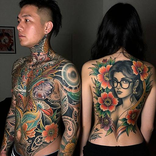 Photograph of a tattooed man and woman; man's chest and neck covered in vibrant, colorful tattoos, woman's back features detailed black-haired woman