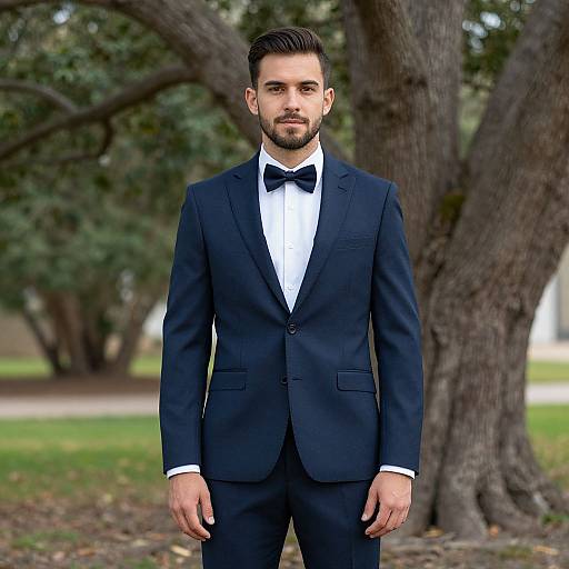 Photograph of a young man with short dark hair and trimmed beard, wearing a black tuxedo with a white shirt and black bow tie, standing