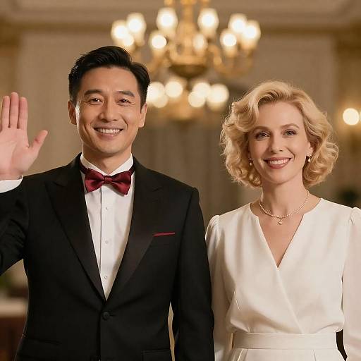 Photograph of an Asian man in a black tuxedo with red bow tie and a smiling blonde woman in a white dress, waving, in an