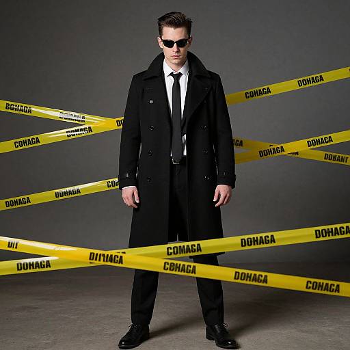 Photograph of a suave man in black coat, white shirt, tie, and sunglasses, standing behind yellow 