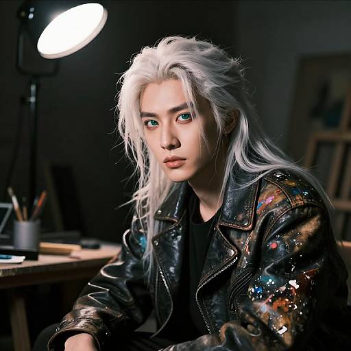 Photograph of a pale-skinned, white-haired young woman with blue eyes, wearing a black, glittery leather jacket, sitting in a dimly