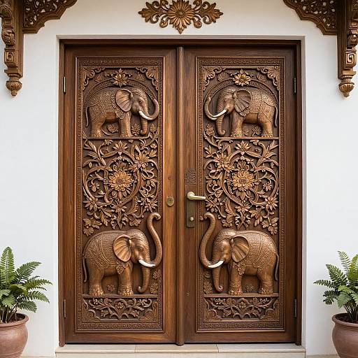 Photograph of intricately carved, dark wooden double doors featuring two detailed elephant figures amidst floral patterns, flanked by potted ferns.