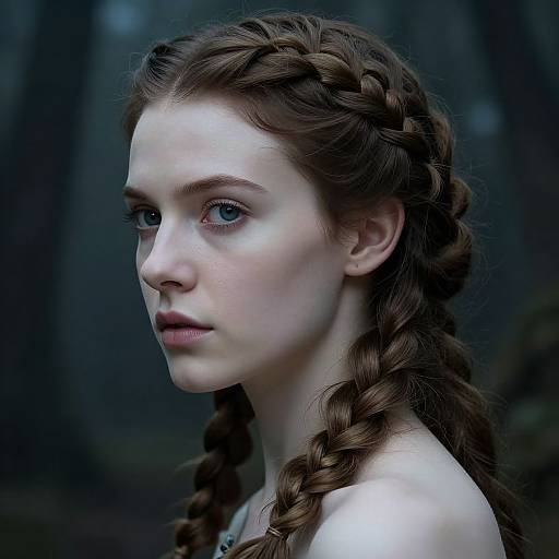Photorealistic portrait of a pale, young woman with blue eyes and long, braided brown hair, set against a dark, forested background.