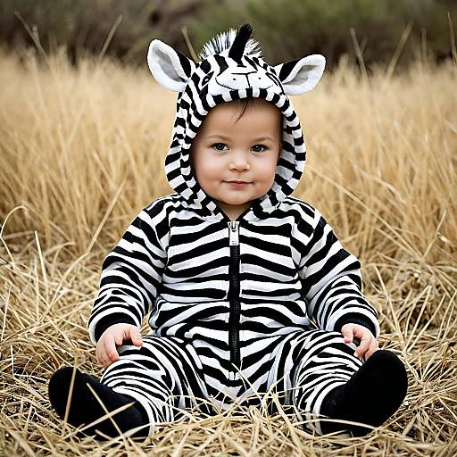 Baby in Zebra Costume Sitting on Dry Grass