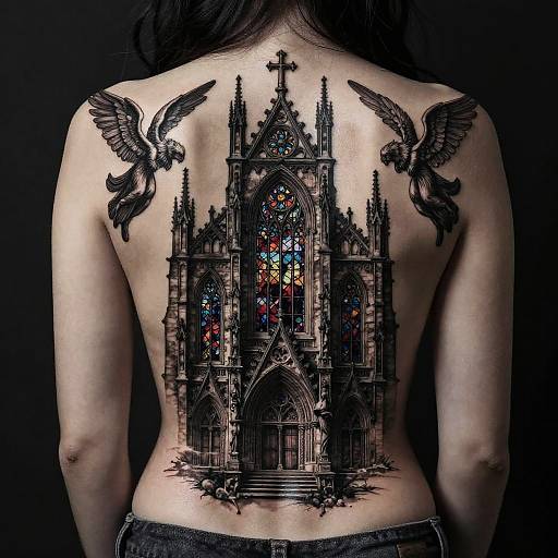 Photograph of a woman's back, showcasing an intricate black Gothic cathedral tattoo with colorful stained glass windows, flanked by two detailed eagle tattoos.