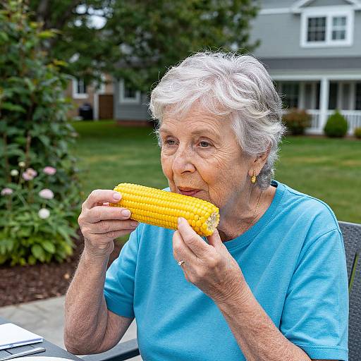Photograph of an elderly woman with short white hair, wearing a blue shirt, eating a yellow ear of corn outdoors, in front of a suburban house