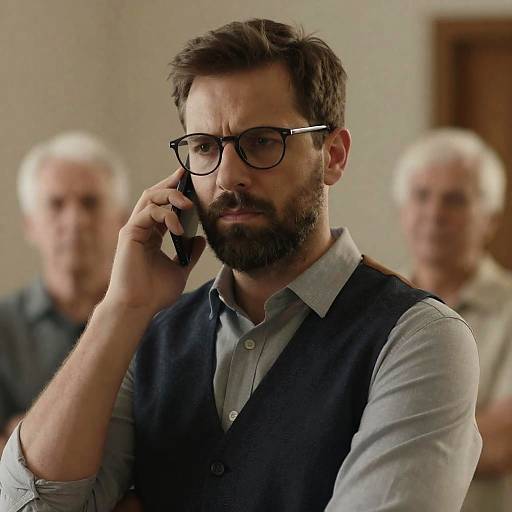Serious Man Talking on Phone Indoors