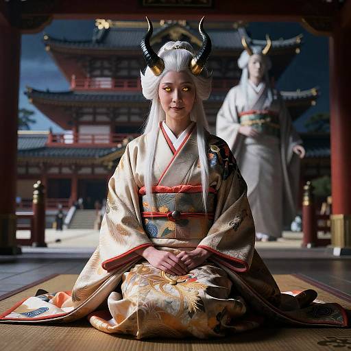Elegant Oni Woman in Traditional Kimono at Japanese Imperial Palace