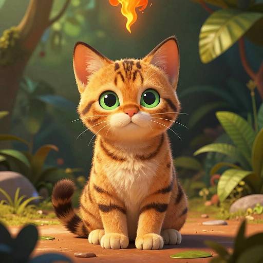 Digital illustration of a cute, wide-eyed, orange tabby kitten with black stripes, sitting in a vibrant, lush jungle, gazing at a floating