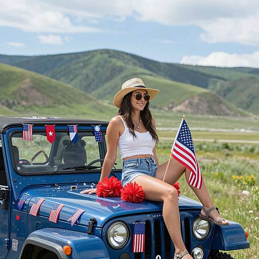 Photograph of a young woman in a white crop top and denim shorts, sitting on a blue Jeep, wearing a straw hat and sunglasses, with American