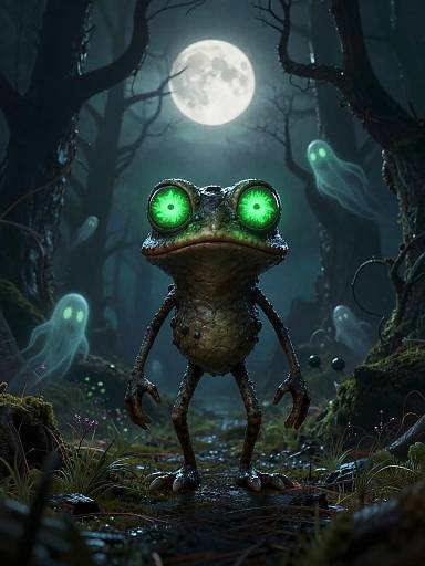 Digital art of a large, green-eyed frog with creepy glow in a dark, spooky forest under a full moon, surrounded by ghostly spirits.