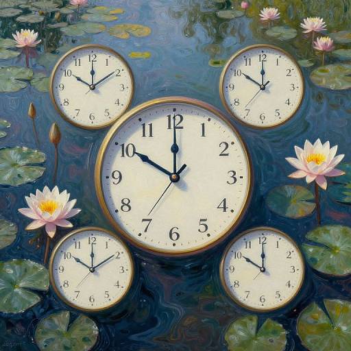 Digital painting of five clock faces floating in a pond with pink water lilies and lily pads, all showing different times.