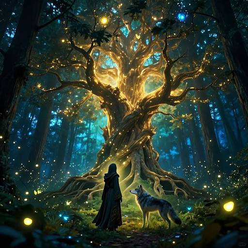 Digital fantasy artwork of a hooded figure and wolf standing before a glowing, enchanted tree in a dark, magical forest.