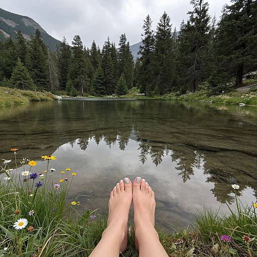 Photograph of bare feet in grassy foreground, reflecting in serene mountain lake, surrounded by evergreen trees, with colorful wildflowers.