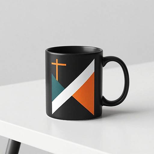 Photograph of a black ceramic mug with a bold orange cross and geometric triangle design in white, orange, and teal.