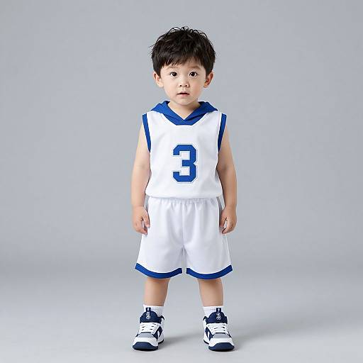 Photograph of a young Asian boy with black hair, wearing a white basketball jersey with blue trim and number 3, white shorts, and black-and